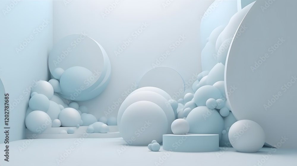 Poster serene abstract scene with soft shapes minimalist studio digital art inviting atmosphere aerial view