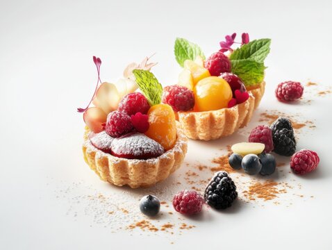 A creative display of a low-carb dessert, featuring almond flour pastries and fresh fruits, emphasizing healthy indulgence with minimal carbs