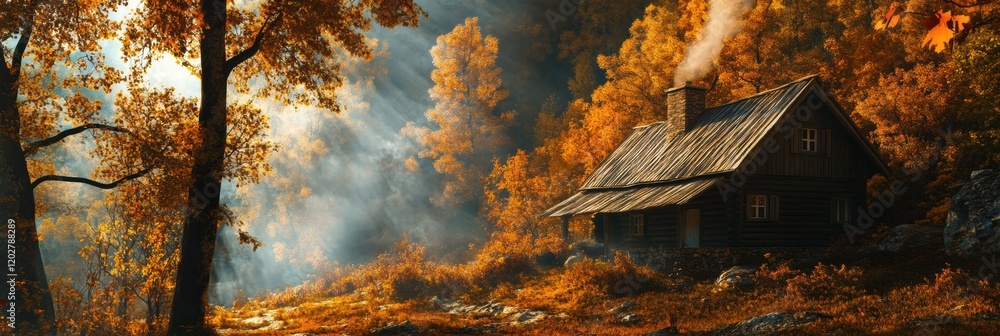 Aufkleber Rustic cabin surrounded by vibrant autumn foliage under soft sunlight in a tranquil forest setting. Generative AI