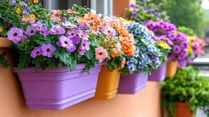 Colorful flowers in balcony planters, summer bloom, outdoor scene, home gardening