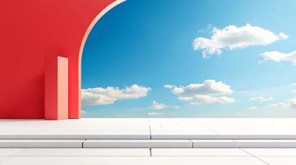 Fototapeta premium Bright red archway frames vibrant blue sky serene minimalist scene. AI Generated