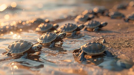 Little turtles crawling from shells on the shore