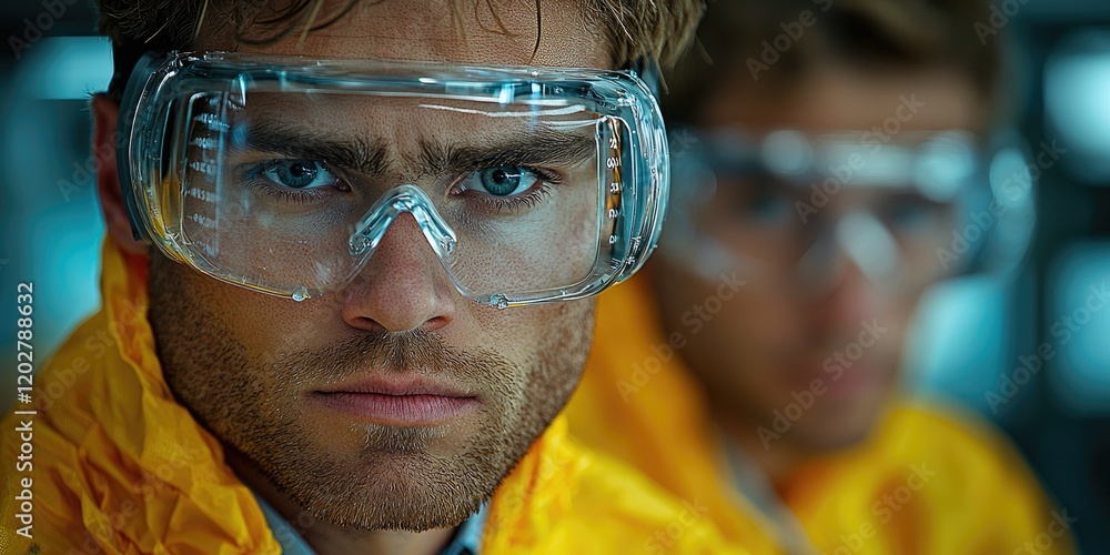 Poster Two scientists are shown in a close-up shot analyzing data on a holographic display in a high-tech medical research facility, their expressions indicating deep concentrat
