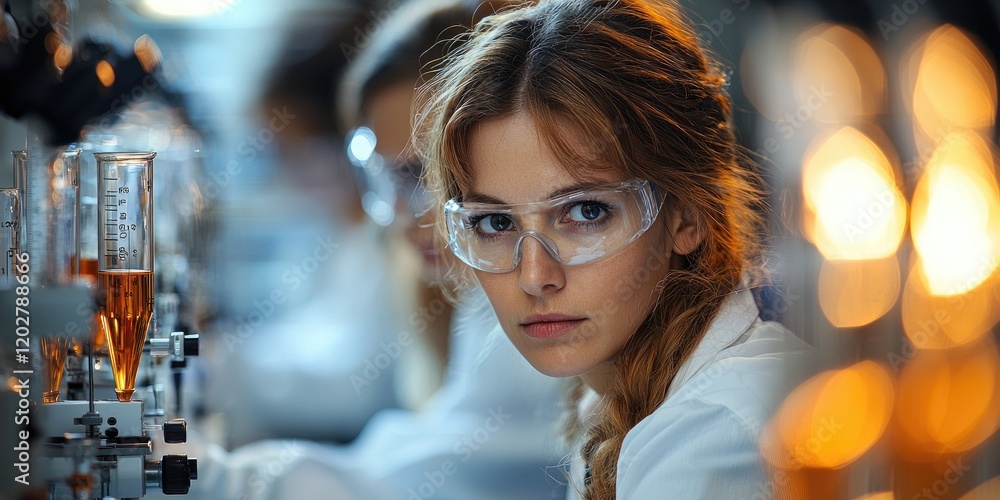 Poster Three middle-aged learners in a science workshop, surrounded by lab equipment, working through hands-on experiments with determination and enthusiasm.