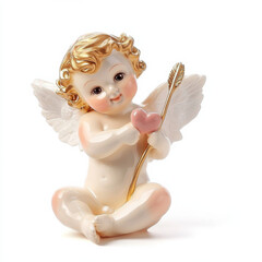 Fototapeta premium charming porcelain figurine of cherubic angel holding heart and arrow, exuding sense of love and innocence. Perfect for decoration or as gift