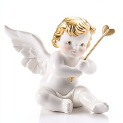 Fototapeta premium charming porcelain angel figurine with golden accents, featuring delicate wings and heart tipped arrow. This piece adds whimsical touch to any decor