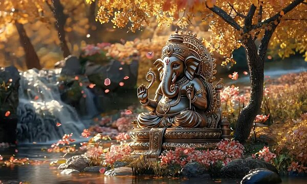 Serene Ganesha statue autumn forest waterfall