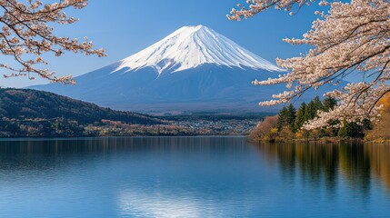 Fototapeta premium Majestic Mount Fuji reflected in a serene lake, framed by blossoming cherry trees.