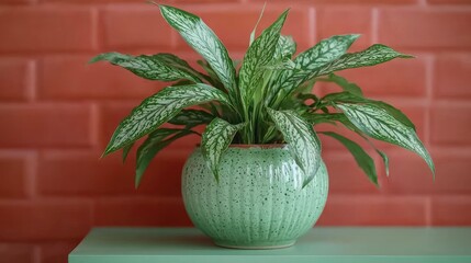 Fototapeta premium Aglaonema plant in a green ceramic pot against a red brick wall
