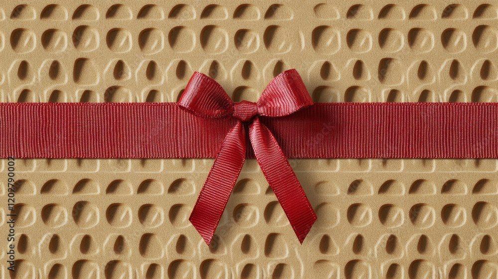 Aufkleber gift box wrapped with a vibrant red ribbon set against a textured golden background. generative ai