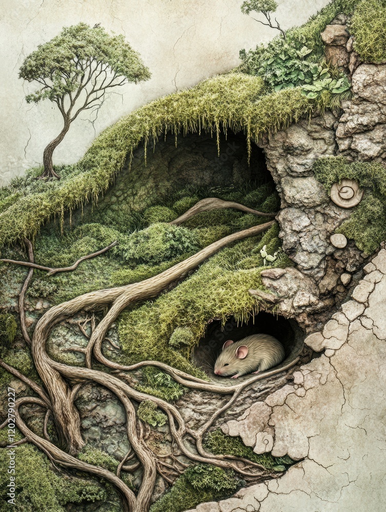 Poster Illustration of a mouse resting inside a moss covered burrow with trees and roots in a serene landscape. Generative AI