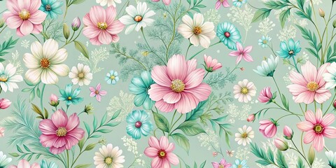 Fototapeta premium Elegant pastel floral seamless pattern design with cosmos, daisies, and other blooms on a soft green background
