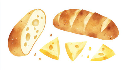 A graphic illustration of bread rolls and cheese wedges, golden brown crust and creamy yellow tones, arranged in a simple and pleasing layout