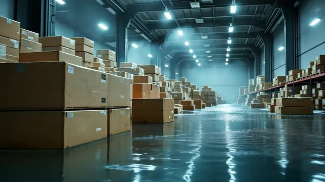 Flooded Warehouse With Cardboard Boxes Stacked High