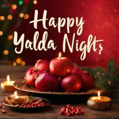 Yalda Night Festive Greeting Card with Pomegranates, Candles, and Christmas Tree on Dark Red Background