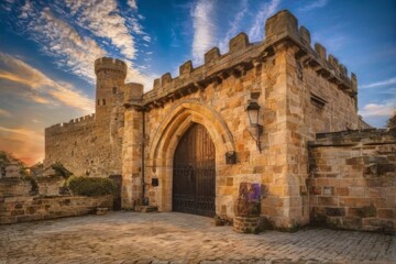 Fototapeta premium Stunning Medieval Castle at Sunset with Arched Entrance, Stone Walls, and Intricate Carvings in Peaceful Serene Atmosphere.