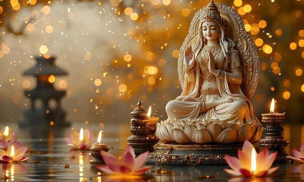 Serene Kwan Yin statue, lotus candles, autumn bokeh.  Spiritual peace, meditation, mindfulness
