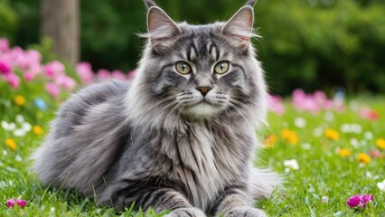 Blue maine coon cat in flower field