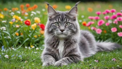 Blue maine coon cat in flower field