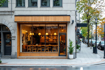 Corner cafe exterior with large window display, wooden facade, bar counter seating. Empty restaurant storefront on urban street with autumn tree, evening lighting atmosphere.