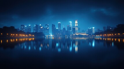 Fototapeta premium Night cityscape reflected in calm water.