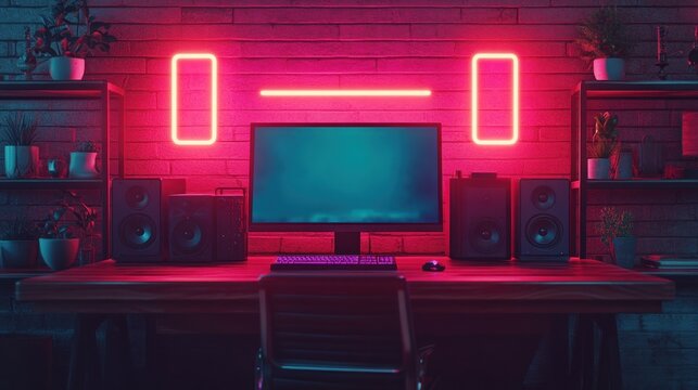 Neon-lit gaming setup with computer, speakers, and plants.