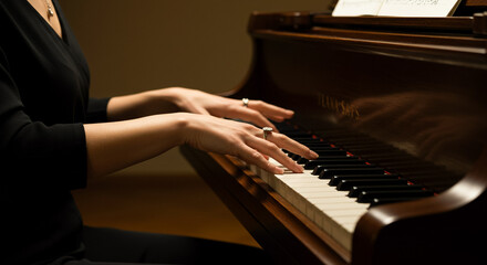 グランドピアノを演奏する女性ピアニストの手元 - 優雅な音楽、クラシック、芸術、コンサート、リサイタルのクローズアップ
