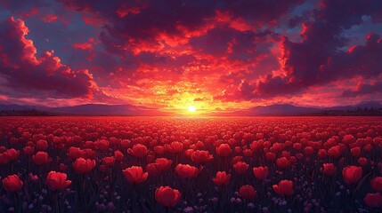 A vibrant sunset over a field of tulips, showcasing nature's beauty and tranquility.