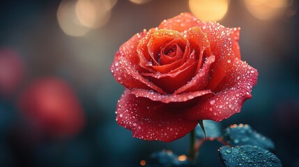 Close-Up of a Vibrant Red Rose Adorned with Water Droplets in a Soft Blurred Background