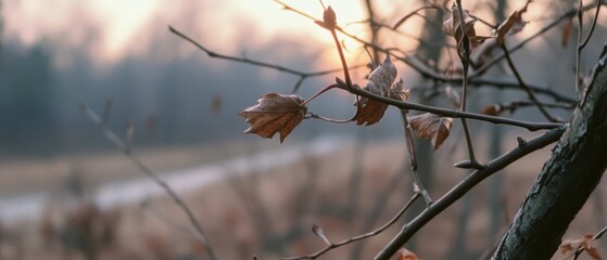 A close-up of autumn branches, adorned with withered leaves, set against a softly glowing horizon, capturing the essence of fall's quiet beauty.