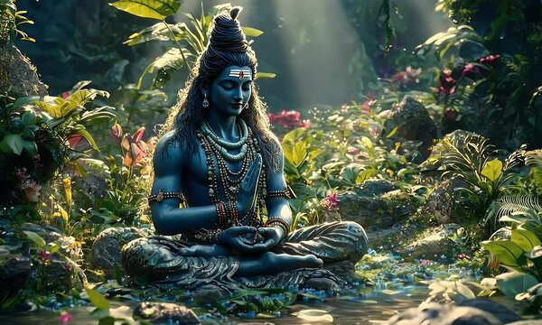 Serene Shiva meditates in lush jungle; spiritual peace; vibrant flora