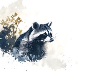 Obraz premium Serene Raccoon Portrait: Watercolor and Ink Wildlife Art