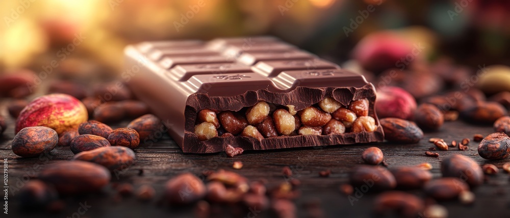 Poster close-up of a chocolate bar with nuts surrounded by cocoa beans highlighting indulgence