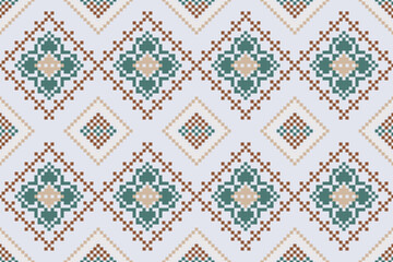 Cross Stitch pattern with Floral Designs. Traditional cross stitch needlework. Geometric Ethnic pattern, Embroidery, Textile ornamentation, fabric, Hand stitched pattern, Cultural stitching pixel art.