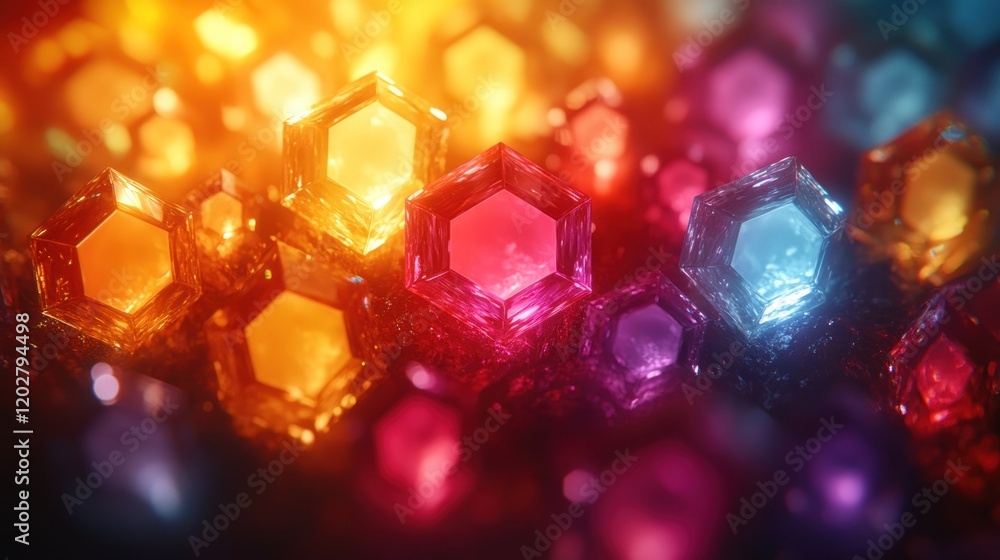 Poster Mesmerizing Abstract Colorful Hexagonal Crystals with Light Reflections
