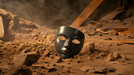 Abandoned mask in rubble; post-apocalyptic scene; mystery, theatrical concept