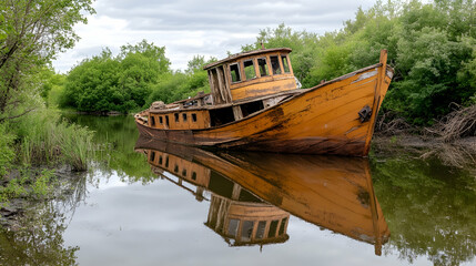 Obraz premium Abandoned wooden tugboat rests in calm river, overgrown banks; nature reclaiming