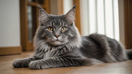 Blue maine coon cat laying on the floor indoor
