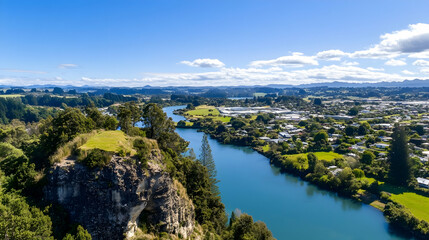Fototapeta premium Aerial view of a river winding through a town nestled in a valley, under a bright blue sky. Ideal for travel brochures