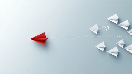 Red paper plane boldly leads white fleet soft light illuminates path forward. AI Generated