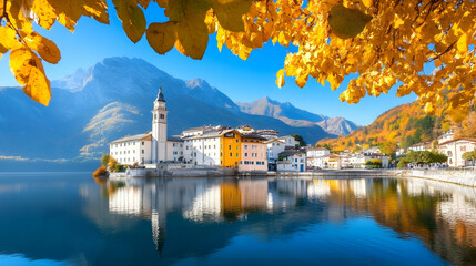 Autumnal village by lake, mountain backdrop, calm water reflection, ideal for travel brochures