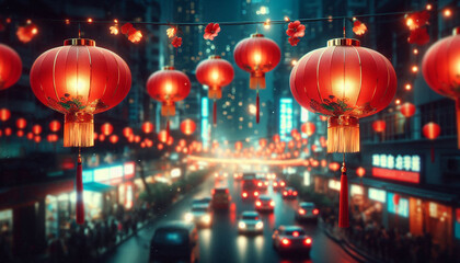 Happy chinese new year with traditional red lantern hanging for celebration, blurred street night background