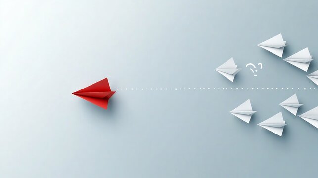 Red paper plane boldly leads white fleet soft light illuminates path forward. AI Generated