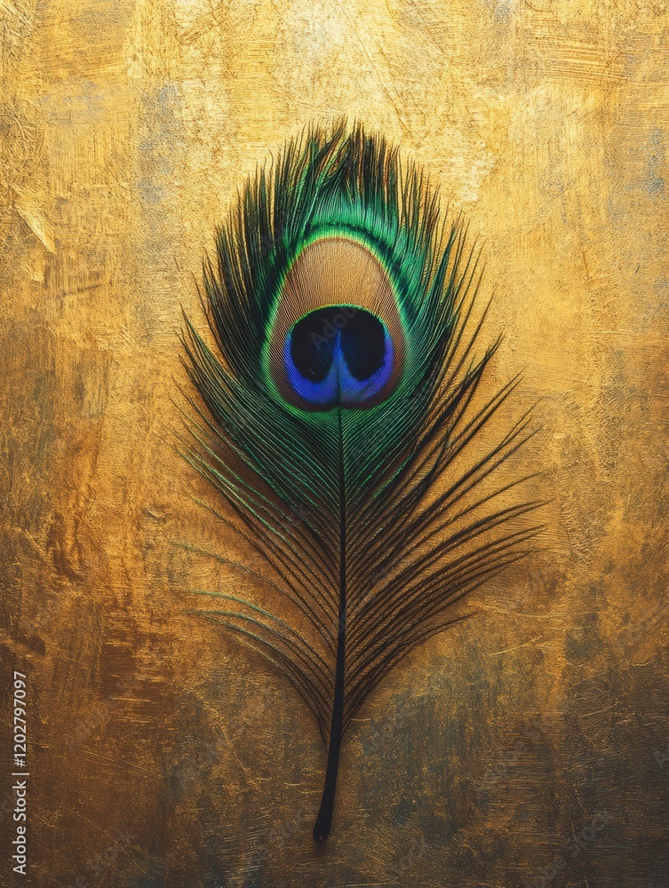 Leinwandbilder colorful peacock feather resting on a golden background showcasing its intricate patterns and vibran