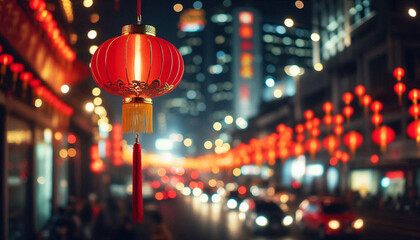 Happy chinese new year with traditional red lantern hanging for celebration, blurred street night background