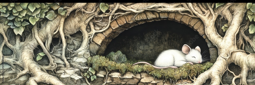 Poster white mouse sleeping peacefully inside a cozy burrow surrounded by roots and greenery in a serene se