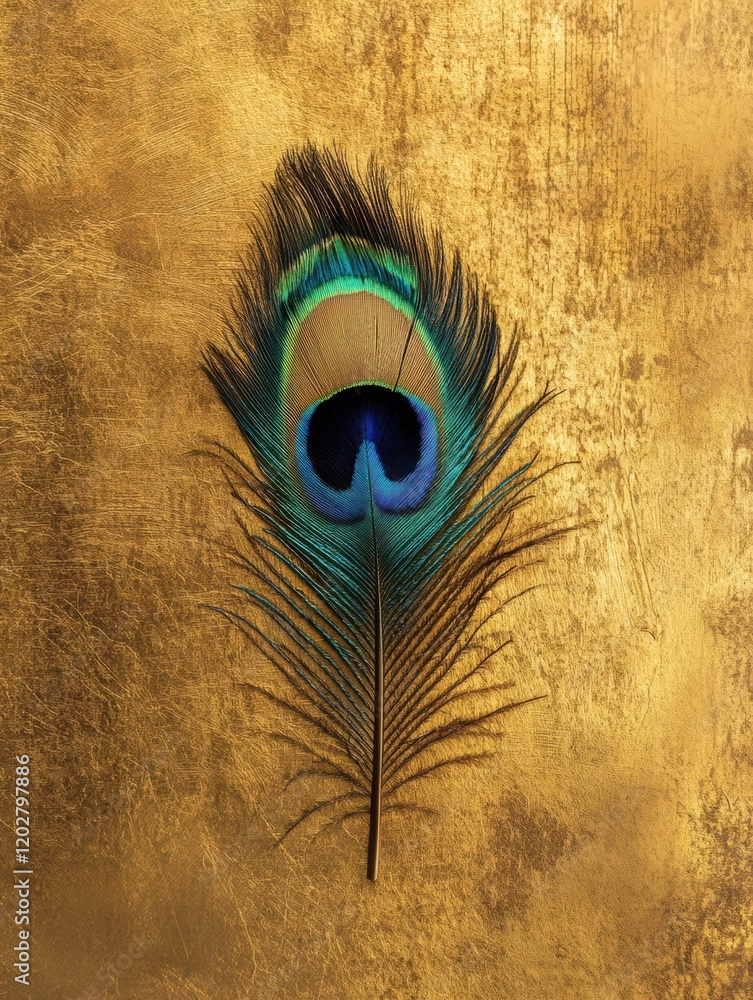 Aufkleber colorful peacock feather resting on a textured golden background showcasing intricate details and vi