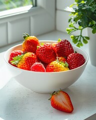 Fresh ripe strawberries in a white bowl on a kitchen counter, near a window.