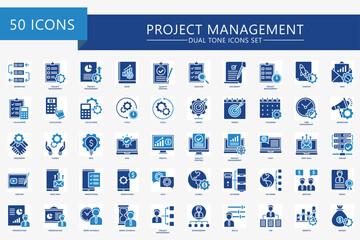 Project Management dual tone icons set, contain data analysis, graph, finance, network, schedule, idea and more. use for modern concept, print, UI or UX kit, web and app. vector EPS 10 for business.