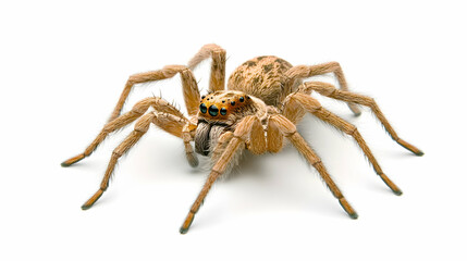 Close-up of a huntsman spider on white background; useful for educational materials, scientific articles, or wildlife documentaries